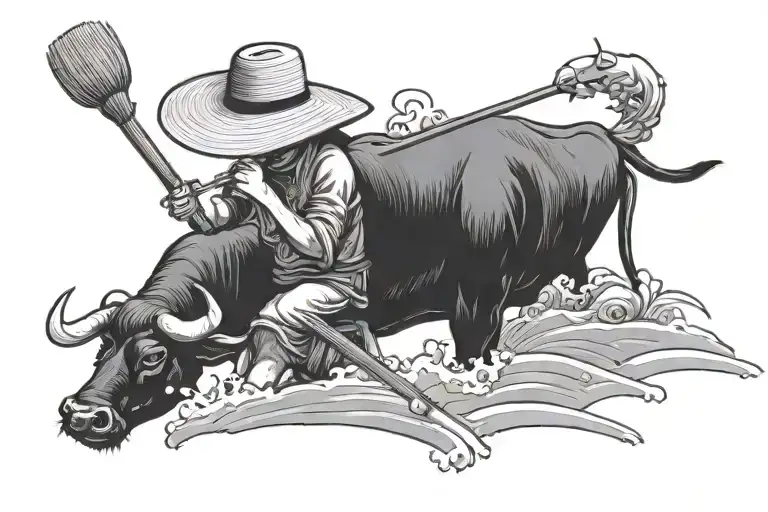 Straw hat kid farmer sitting on water buffalo playing the flute tattoo design idea
