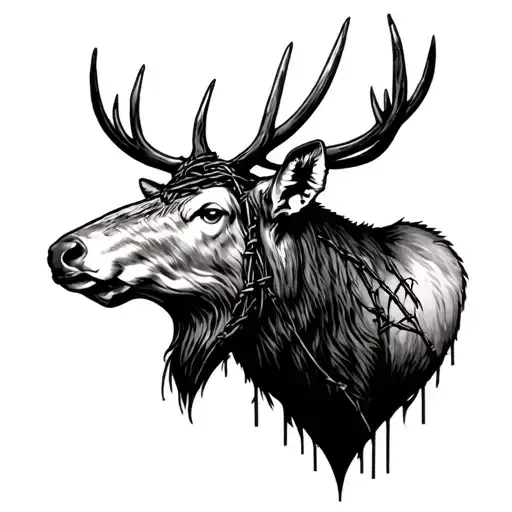 simple Elk head with barbed wire wrapped tattoo design idea