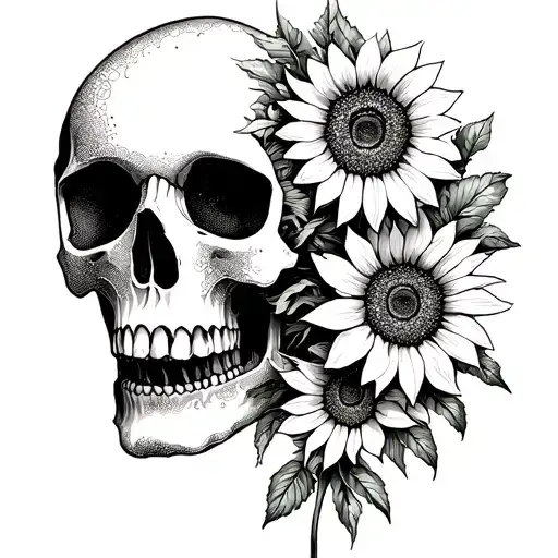 skull, with sunflowrs on side of face of skull pretty design around it tattoo design idea