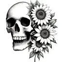 skull, with sunflowrs on side of face of skull pretty design around it tattoo design idea