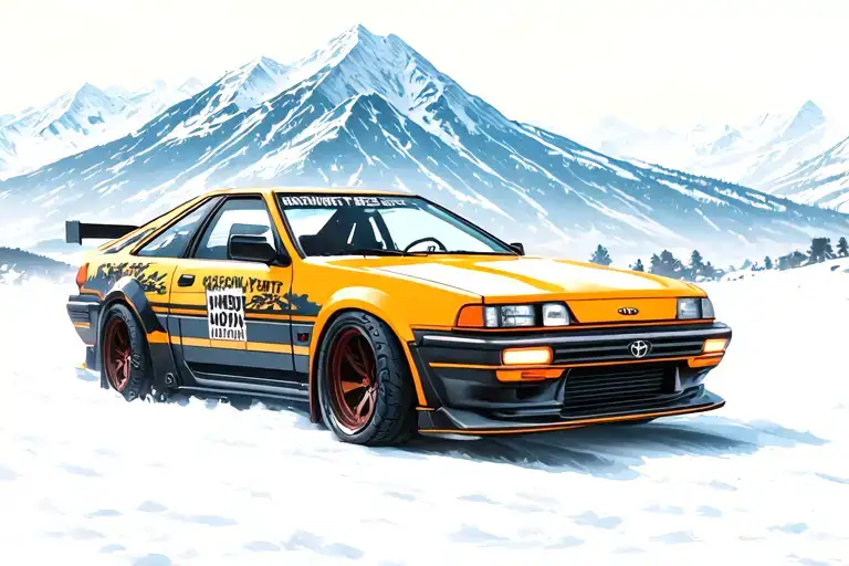 Toyota Treeno AE86 Initial D with Popup headlights in the snowy mountains tattoo design idea