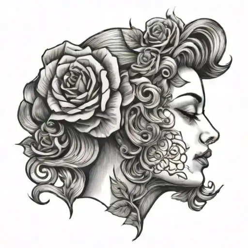 Gemini rose lady head profile holding tattoo design idea