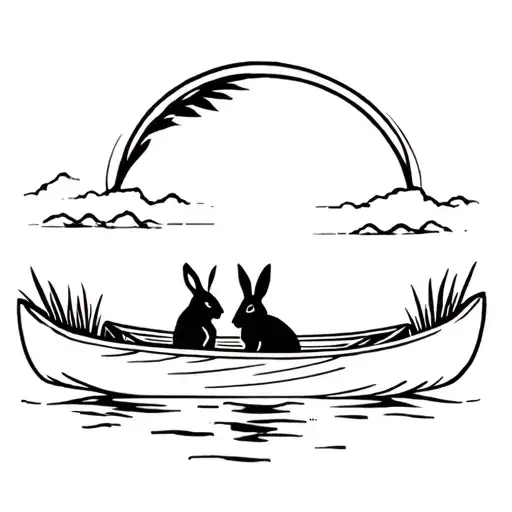 Black and white tattoo, in profile an Indian canoe in profile. Inside the canoeing there are two rabbits, both tattoo design idea