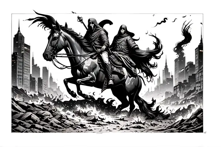 burning apocalypse ground city landscape with grim reaper on horse in background  tattoo design idea