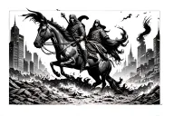 burning apocalypse ground city landscape with grim reaper on horse in background  tattoo design idea