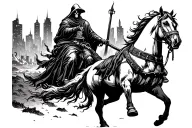 burning apocalypse ground city landscape with grim reaper on horse in background  tattoo design idea