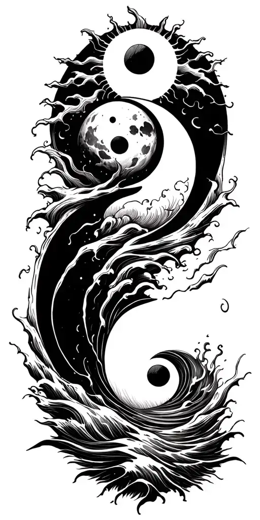 yin and yang symbol splitting a turbulent waters with a moon and a sun  tattoo design idea