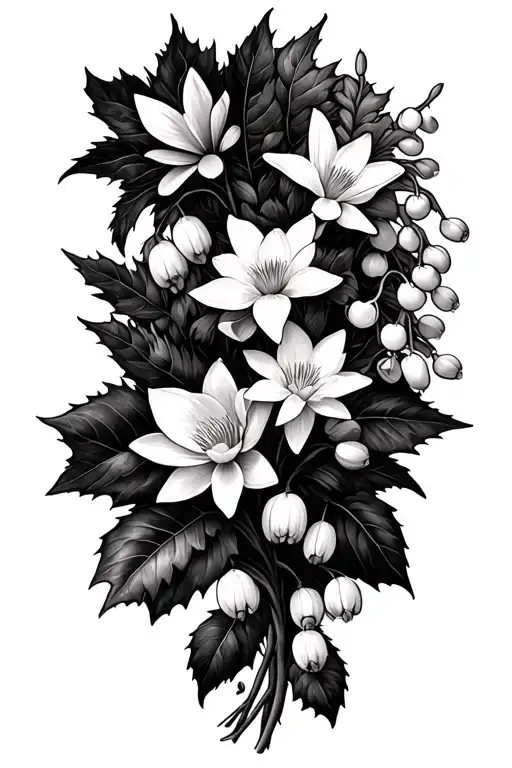 Holly flowers, narcissus flower, larkspur flower, water lily's, lily of the valley, and Hawthorne flower bouquet  tattoo design idea