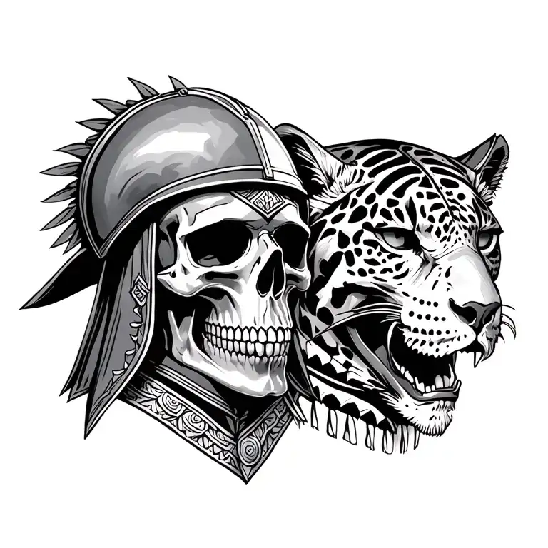 conquistador skull with helmet vs azteca jaguar skull tattoo design idea