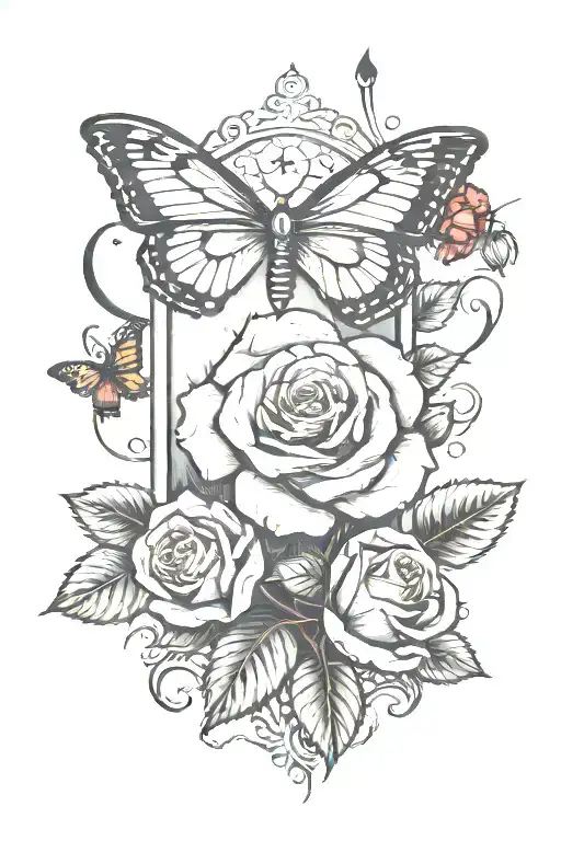 gravestone rose and butter fly tattoo design idea