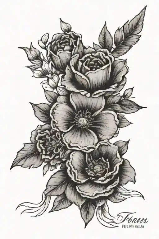fine line tattoo design with boquet of birth month flowers for may, june, july, august, and September for tricep tattoo design idea