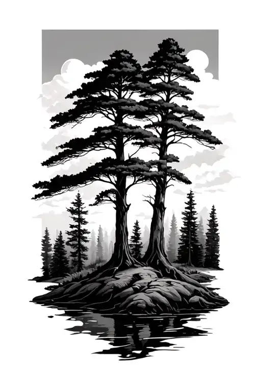 forest scene. sunny sky.  tattoo design idea