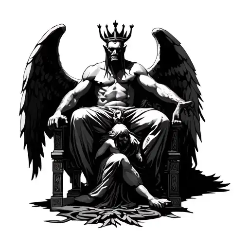 Satan sitting on the throne with his crown stepping on an angel tattoo design idea