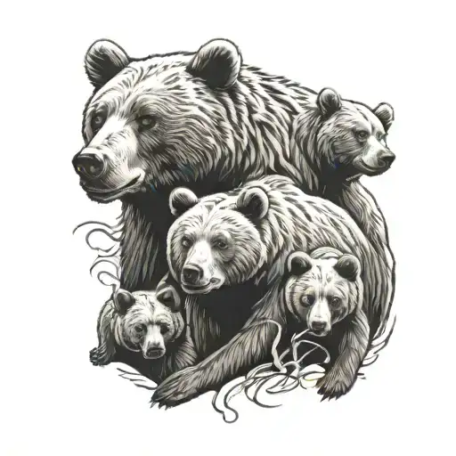momma bear with four cubs heads only tattoo design idea