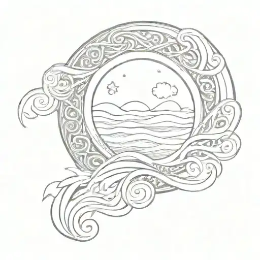 sun rise over ocean waves Celtic swirls tattoo design idea