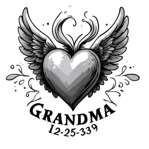 "Grandma 12-25-39" Heart with wings surrounded tattoo design idea
