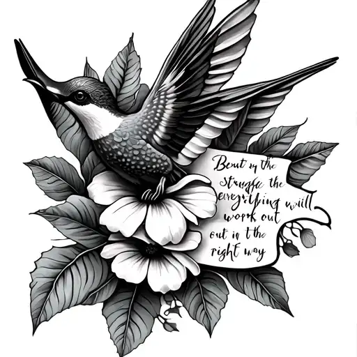 flowers, humming bird, a saying "beauty in the struggle" and a quote "everything will work out in the right way"  tattoo design idea
