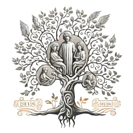 A family tree with angel statues as the branches, representing the client's passion for family and favorite things tattoo design idea