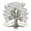 A family tree with angel statues as the branches, representing the client's passion for family and favorite things tattoo design idea