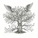 A family tree with angel statues as the branches, representing the client's passion for family and favorite things tattoo design idea