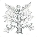 A family tree with angel statues as the branches, representing the client's passion for family and favorite things tattoo design idea