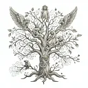 A family tree with angel statues as the branches, representing the client's passion for family and favorite things tattoo design idea