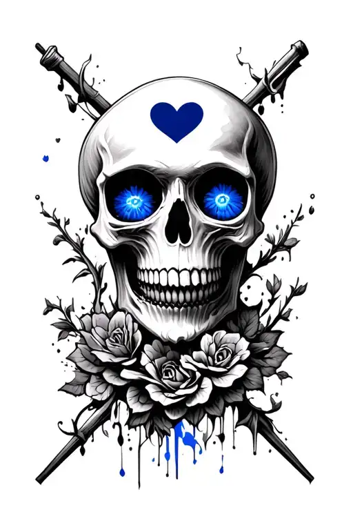 skull with bleu heart shaped eyes tattoo design idea