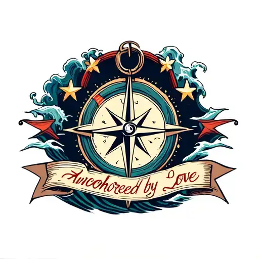 Anchor (central symbol), compass, nautical stars, banner "anchored by love", waves base with ship silhouette tattoo design idea