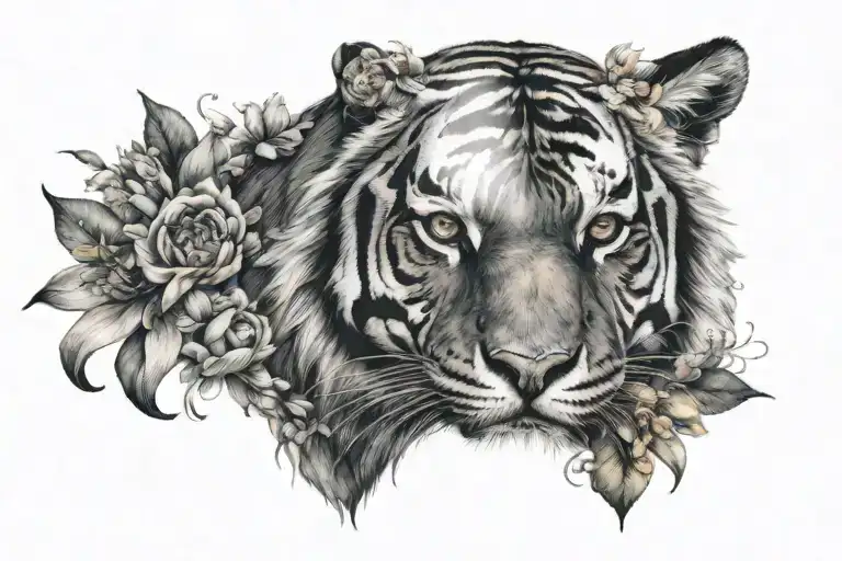 Tiger Face whit flowers growing tattoo design idea