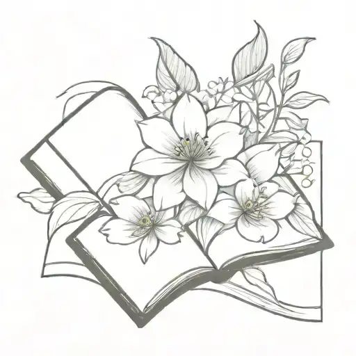 January, march, august, September, October, November, December birth flower bouquet,bursting out of an ancient open book tattoo design idea