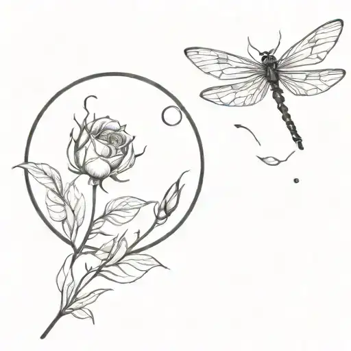 A minimalist tattoo of a dragonfly flying towards a full moon, with delicate rose petals scattered around, capturing the essence of nature and mystery tattoo design idea