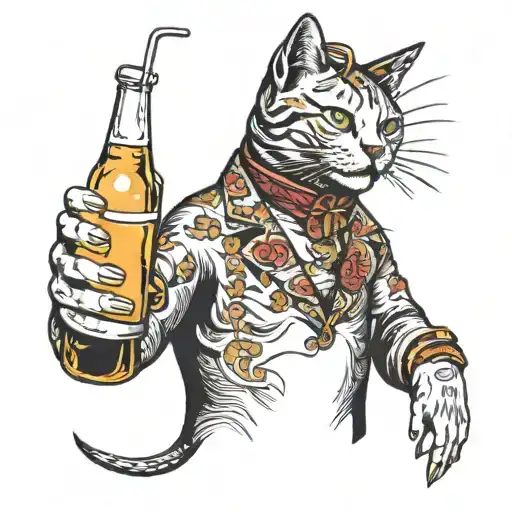 cat holding a beer and smoking a cigarette tattoo design idea