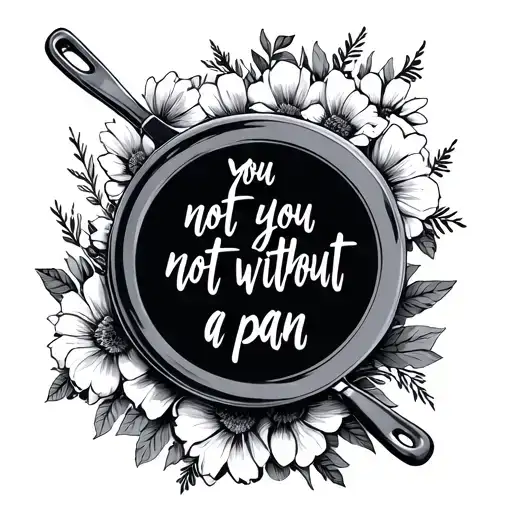 a pan with the inscription "You are not you without a pan" against the background of flowers tattoo design idea