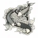two koi fish swimming in circles yin and yang inside a pool that looks like mac millers divine feminine album cover tattoo design idea