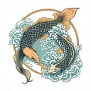 two koi fish swimming in circles yin and yang inside a pool that looks like mac millers divine feminine album cover tattoo design idea