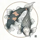 two koi fish swimming in circles yin and yang inside a pool that looks like mac millers divine feminine album cover tattoo design idea