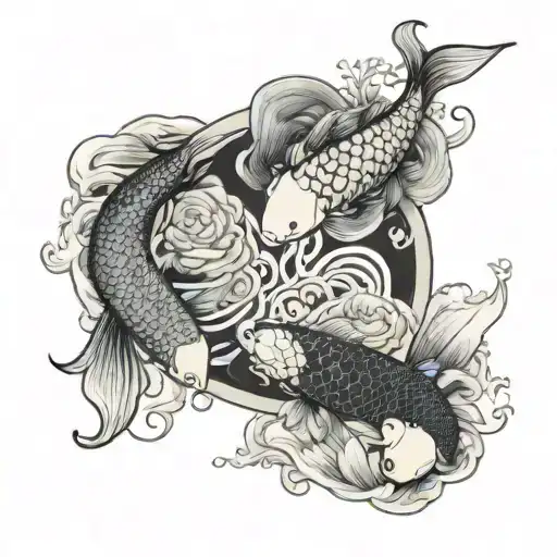 two koi fish swimming in circles yin and yang inside a pool that looks like mac millers divine feminine album cover tattoo design idea
