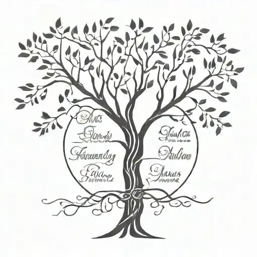 A family tree tattoo design with intricate branches intertwining to form the shape of a willow tree, with names of family members written in the branches tattoo design idea