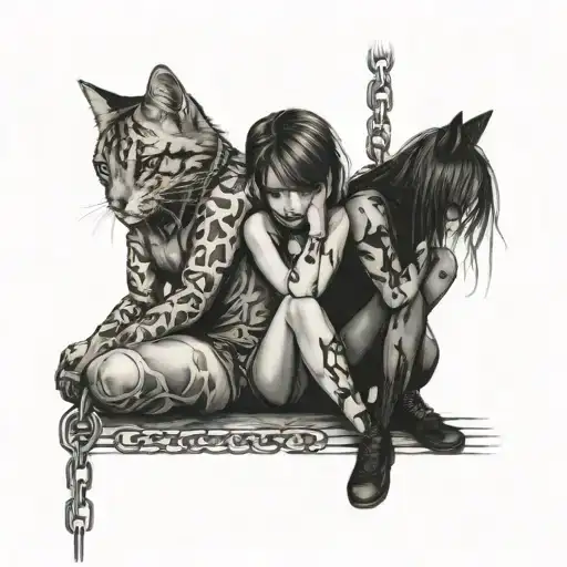 two girls are sitting like cats on a chain and this chain is held by a guy  tattoo design idea