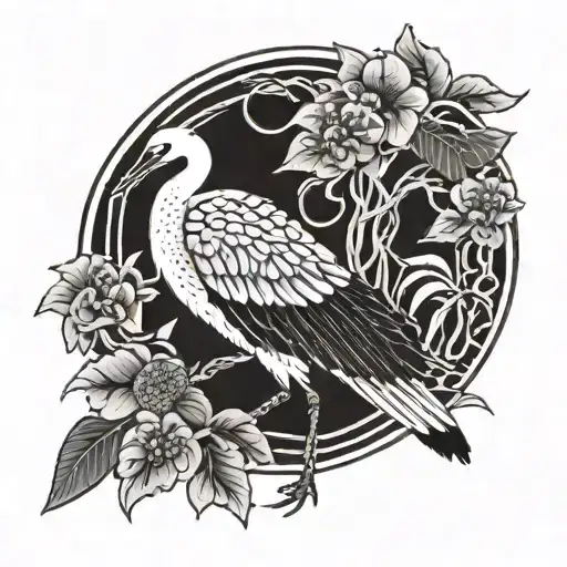 A traditional Japanese crane bird with a coffee bean pattern on its wings tattoo design idea
