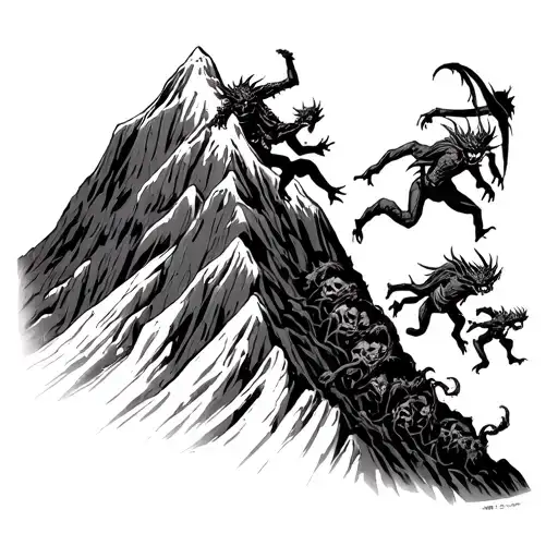 a mountain of demon corpses with several demons running up that mountain to attack the holy light. japanese style tattoo design idea