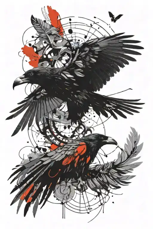 Araven and a crow circling together in dark, ominous motion, with black feathers and intricate detailing. The background tattoo design idea