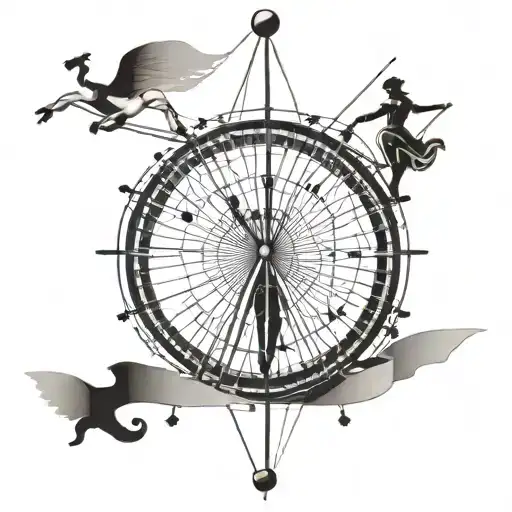 Beautiful circus wheel and tightrope walker with a stick on the foreground tattoo design idea