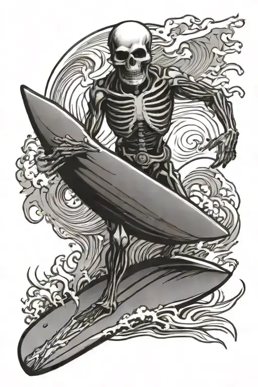 skeleton surfer holding a surf board tattoo design idea