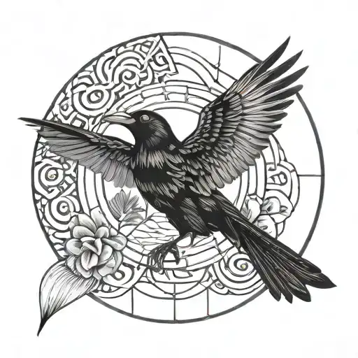 circular design, crows, geometry, all black tattoo design idea