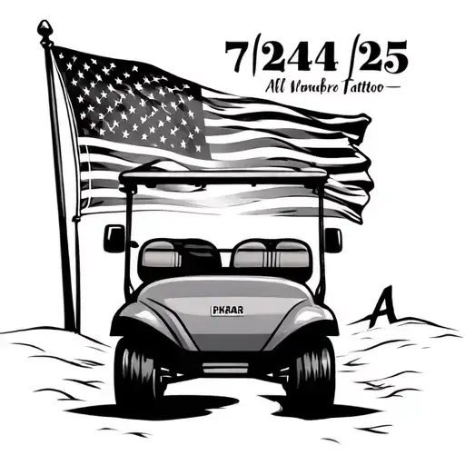 golf cart driving away into sunset with an American flag and the date 7/24/25 in Roman number Al tattoo design idea