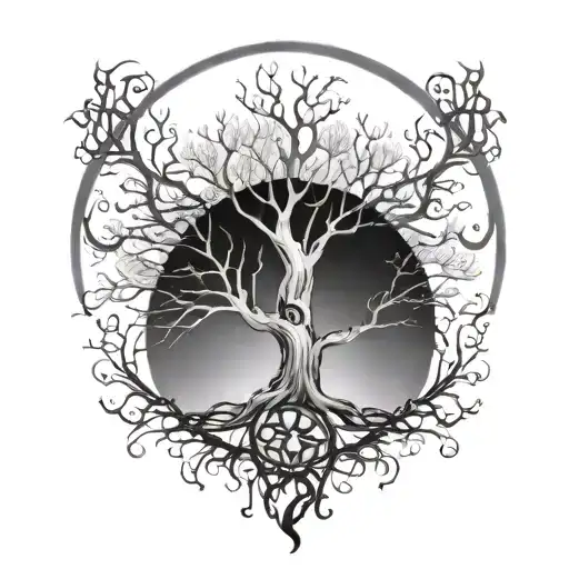 A crescent moon that morphs into the branches of a tree, with roots growing downwards. Eye of Horus included tattoo design idea