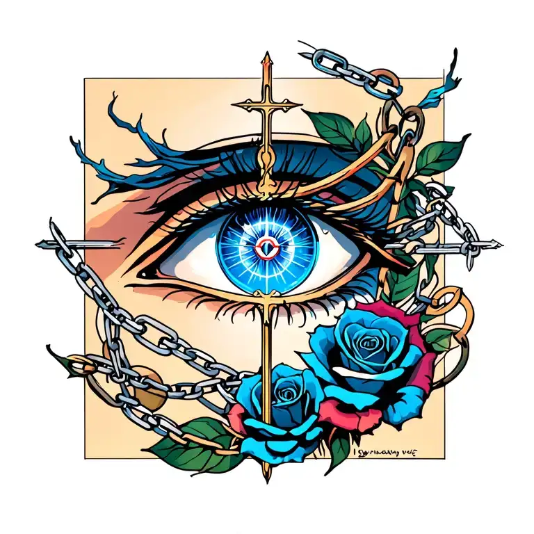 The main points: blue-lazing eye, cross, sin, roses, chains, wind rose. tattoo design idea