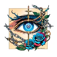 The main points: blue-lazing eye, cross, sin, roses, chains, wind rose. tattoo design idea