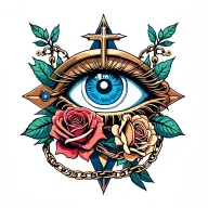 The main points: blue-lazing eye, cross, sin, roses, chains, wind rose. tattoo design idea